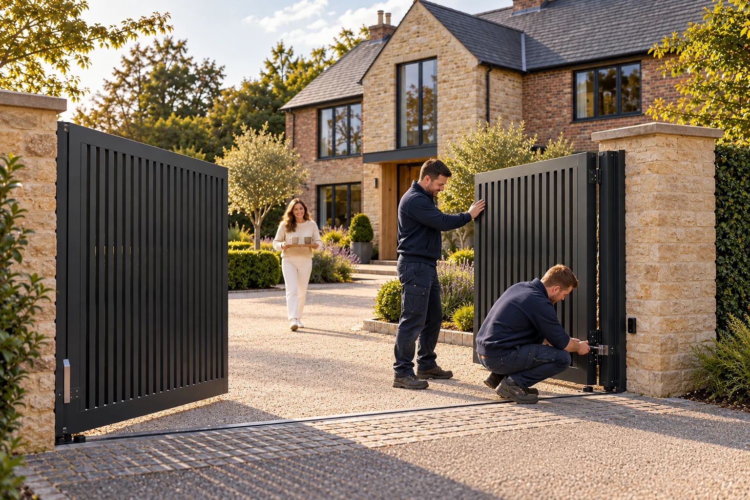 Two professional installers fitting a driveway gate while the homeowner brings them tea from the house
