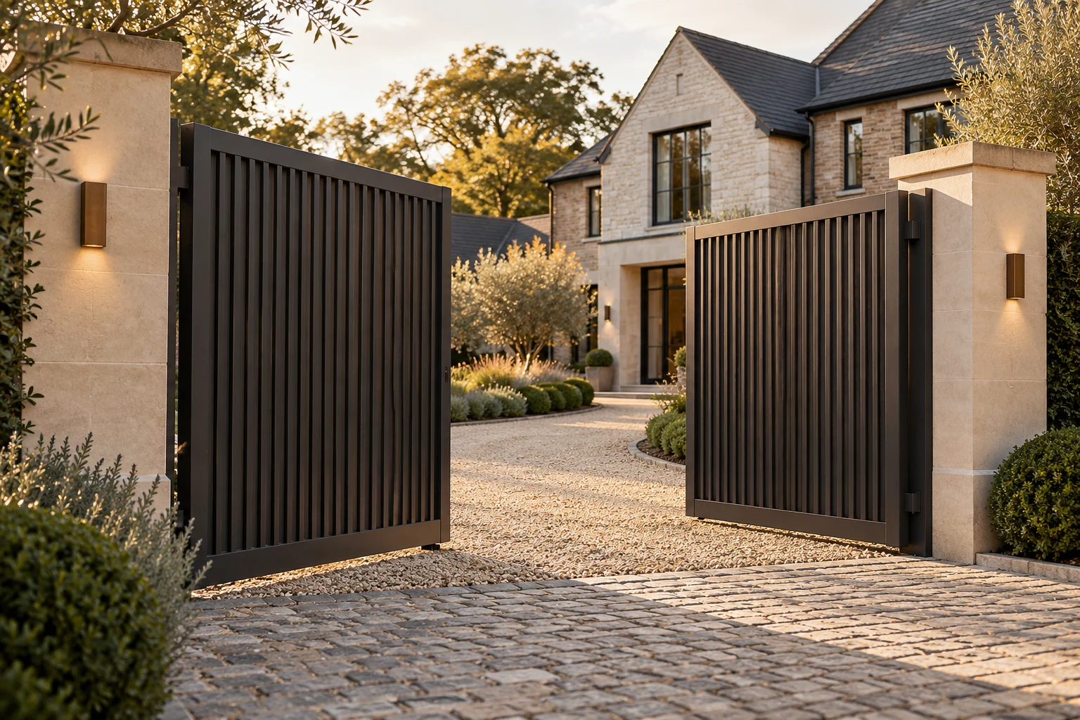 Premium charcoal driveway gates with warm stone pillars at a contemporary British home